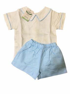 NWT THE OAKS Classic Toddler Boys Sz 2 100% Cotton 2 Piece Cream Blue Short Set